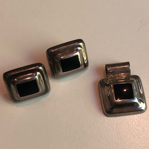 Jewelry - 90’s Sterling silver & black onyx square enhancer pendant & earring set